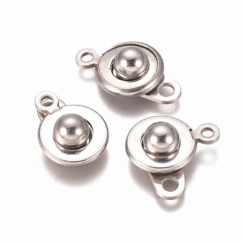 201 Stainless Steel Snap Clasps, Flat Round, Stainless Steel Color, 15x9x5mm, Hole: 1.5mm and 2mm
