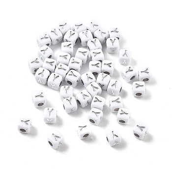 Opaque Acrylic Beads, Square with Letter, Silver Metal Enlaced, Letter Y, 5x5x5mm, Hole: 2mm, about 5000ocs