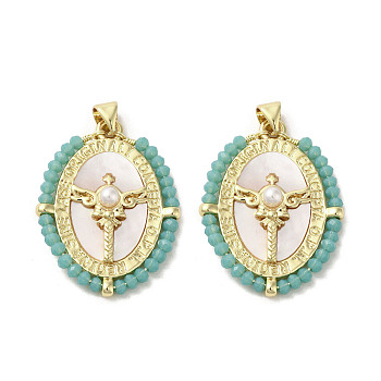 Brass Pave Shell Pendants, Oval Charms with Glass Beads Wrapped and ABS Imitation Pearl Beads, Real 18K Gold Plated, Dark Turquoise, 31~32x23.5x4.5mm, Hole: 3.5x4.5mm