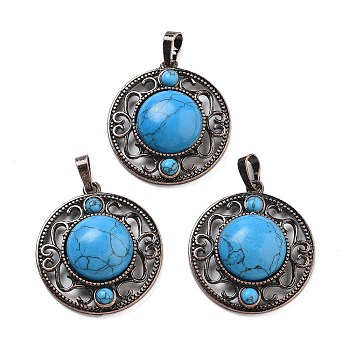 Synthetic Turquoise Pendants, Brass Hollow Flat Round Charms, Cadmium Free & Lead Free, Red Copper, 33.5x30.5x9.5mm, Hole: 8x5mm