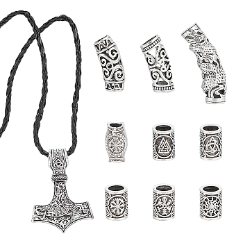 Alloy Norse Viking Hammer Pendant Necklace with Rope & Dreadlock Braiding Hair Tube Beads, Jewelry Set for Women, Antique Silver, 17.83 inch(45.3cm)