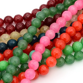 Natural Gemstone Beads Strands, White Jade, Faceted Round, Dyed, Mixed Color, about 10mm in diameter, hole: 1mm, 38 pcs/strand, 15 inch