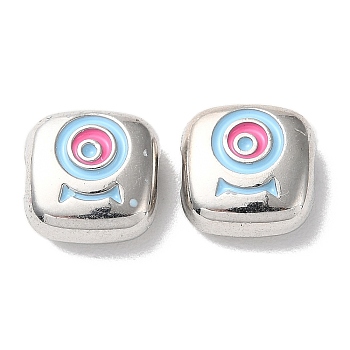 Eco-Friendly Alloy Enamel Beads, Square with Eye, Platinum, 10x10x4mm, Hole: 1.8mm