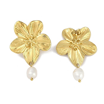 PVD Vacuum Plating 304 Stainless Steel Flower Stud Earrings, with Natural Pearl, Golden, 42x27mm