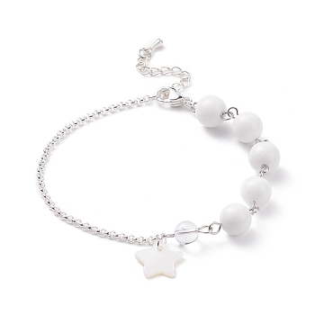 Natural Quartz Crystal Beaded Bracelet with 304 Stainless Steel Rolo Chains, Shell Star Charm Bracelet for Women, Silver, 7-3/8 inch(18.8cm)