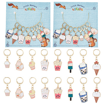 Alloy Enamel Pendant Stitch Markers, Crochet Leverback Hoop Charms, Locking Stitch Marker with Wine Glass Charm Ring, Boba Milk Tea/Ice-lolly/Cupcake, Mixed Color, 3~4.1cm, 8 style, 2pcs/style, 16pcs/set
