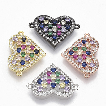 Brass Micro Pave Cubic ZirconiaLinks connectors, Heart, Colorful, Mixed Color, 15.5x21.5x3.5mm, Hole: 1mm