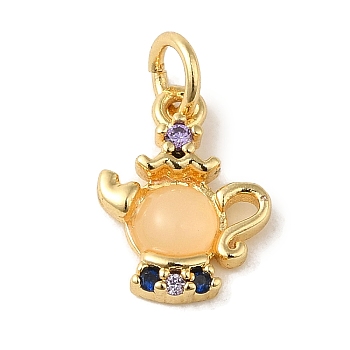 Brass Micro Pave Colorful Cubic Zirconia Glass Pendants, Real 18K Gold Plated, Teapot, 13x9.5x2.8mm, Hole: 3.2mm