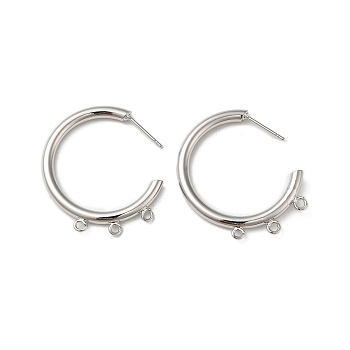 Ring Brass Stud Earring Finding, Half Hoop Earring Finding with Loops, Real Platinum Plated, 30x33x3mm, Hole: 1.8mm, Pin: 10x0.8mm