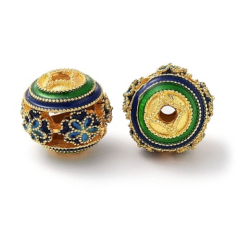 Alloy Enamel Beads, Round with Flower, Golden, Green, 12x11mm, Hole: 2mm