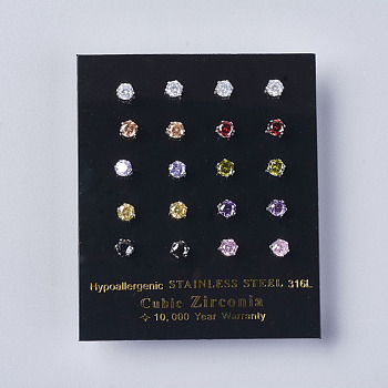Cubic Zirconia Stud Earrings, with 304 Stainless Steel Findings, Mixed Color, 13.5x4mm, Pin: 0.6mm