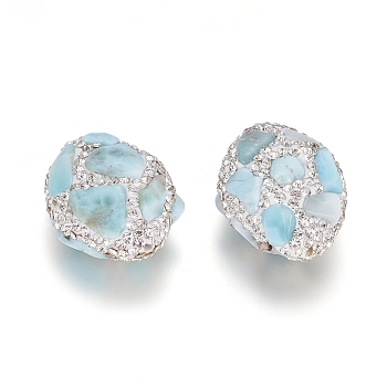 Polymer Clay Rhinestone Beads, with Natural Larimar Chips, Oval, Crystal, 28~30x21.5~23x13~15mm, Hole: 1.4mm