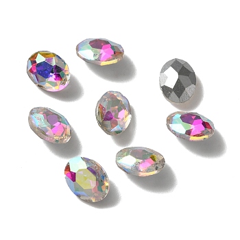 Pointed Back Glass Rhinestone Cabochons, Back Plated, Faceted, Oval, Crystal AB, 8x6x3.5mm