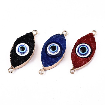Resin Druzy Links Connectors, with Edge Light Gold Plated Iron Findings & Glitter Powder, Eye, Mixed Color, 15.5x37x8mm, Hole: 1.8mm