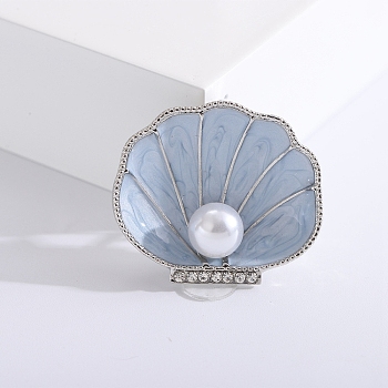 Alloy Enamel Brooches, Plastic Pearl & Rhinestone Pin, Jewely for Women, Shell, Light Steel Blue, 33x38mm