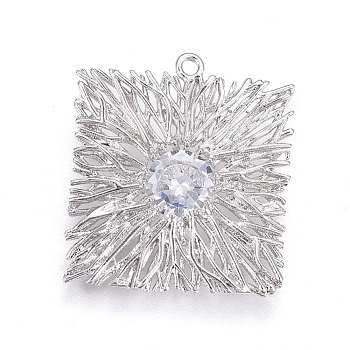 Brass Pendant, with Cubic Zirconia, Square, Clear, Platinum, 21x19x3.5mm, Hole: 1.2mm