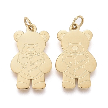 Valentine's Day Ion Plating(IP) 304 Stainless Steel Pendants, with Jump Ring, Laser Cut, Bear with Word I Love You, Golden, 17x10x0.8mm, Jump Ring: 4x0.6mm, 2.8mm Inner Diameter