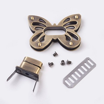 Zinc Alloy Bag Twist Lock Accessories, Handbags Turn Lock, with 4PCS Screws, Butterfly, Brushed Antique Bronze, 36x50.5x6mm