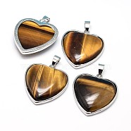 Heart Platinum Plated Brass Natural Tiger Eye Pendants, Cadmium Free & Lead Free, 36x31x7mm, Hole: 4x8mm(G-F228-10C-RS)
