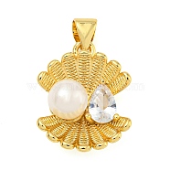 Rack Plating Brass Micro Pave Cubic Zirconia Pendants, with ABS Imitation Pearl, Lead Free & Cadmium Free, Long-Lasting Plated, Shell shape, Real 18K Gold Plated, 21.5x14x7.5mm, Hole: 6x3.5mm(KK-Z063-02G)