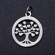 304 Stainless Steel Pendants, with Unsoldered Jump Rings, Flat Round with Tree of Life, Stainless Steel Color, 19x16x1mm, Jump Ring: 5x1mm, 3mm inner diameter.(STAS-T046-JA350-1A)