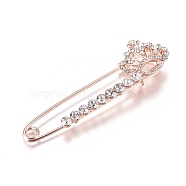 Alloy Rhinestone Safety Brooch, Crown, Crystal, Rose Gold, 80x22mm, Pin: 1.5mm(JEWB-WH0009-53A)