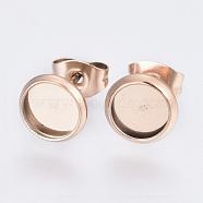 Ion Plating(IP) 304 Stainless Steel Stud Earrings Findings, Flat Round, Real Rose Gold Plated, Tray: 8mm, Pin: 0.9mm(STAS-E117-10RG)