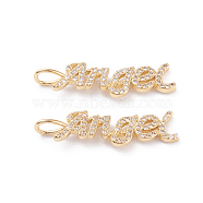 Brass Micro Pave Clear Cubic Zirconia Pendants, Long-Lasting Plated, Word Angel, Real 18K Gold Plated, 29x8x1.6mm, Hole: 3x4mm(X-ZIRC-L093-75G)