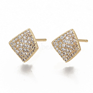 Brass Micro Pave Clear Cubic Zirconia Stud Earring Findings, with Loop, Nickel Free, Real 18K Gold Plated, Rhombus, 11x10.5mm, Hole: 1mm, Pin: 0.9mm(KK-T051-51G-NF)