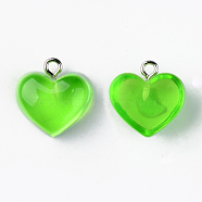 Transparent Resin Pendants, with Platinum Tone Iron Loop, Heart, Lime Green, 16.5x17x9.5mm, Hole: 1.8mm(RESI-R429-30F)
