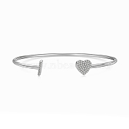 Heart & Letter Rhodium Plated 925 Sterling Silver Micro Pave Cubic Zirconia Cuff Bangles for Women, Letter I, 0.2~0.8cm, Inner Diameter: 1-7/8x2-1/4 inch(4.85x5.65cm) (BJEW-C062-01I-P)