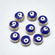 Alloy Enamel Beads, Flat Round with Evil Eye, Light Gold, Blue, 10x6mm, Hole: 1.2mm(ENAM-S117-09)