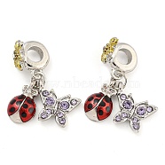 Rack Plating Alloy Enamel Ladybird European Dangle Charms, Large Hole Pendants, Platinum, with Rhinestone, Cadmium Free & Nickel Free & Lead Free, Butterfly, 27mm, Hole: 4.8mm, Bug: 13x8x4mm, Butterfly: 15.5x13x3.5mm(FIND-B034-03P-02)
