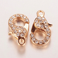 Alloy Glass Rhinestone Lobster Claw Clasps, Rose Gold, 21x12.5x7mm, Hole: 2.5mm(X-ZIRC-F022-63RG)