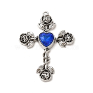 Alloy with Capri Blue Rhinestone Big Pendants, Cross Charms, Antique Silver, 51x38x5.5mm, Hole: 2mm(FIND-G067-15F-AS)