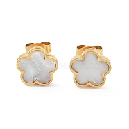 Flower Shell Stud Earrings, Golden Tone 304 Stainless Steel Jewelry for Women, White, 9.5x10mm(EJEW-K281-01G-05)