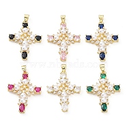 Brass Pave Cubic Zirconia with ABS Plastic Imitation Pearl Pendants, Real 18K Gold Plated, Cross, Mixed Color, 31x23.5x5mm, Hole: 3.5x4.5mm(KK-G467-01G)