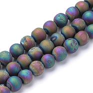 Electroplated Natural Druzy Geode Agate Bead Strands, Matte Style, Round, Multi-color Plated, 8~9mm, Hole: 1mm, about 46pcs/strand, 14.7 inch(G-R345-8mm-59)