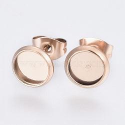 Ion Plating(IP) 304 Stainless Steel Stud Earrings Findings, Flat Round, Real Rose Gold Plated, Tray: 8mm, Pin: 0.9mm(STAS-E117-10RG)