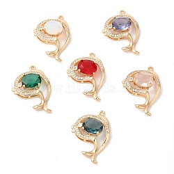 Brass with K9 Glass & Rhinestone Pendants, Light Gold, Fish Charms, Mixed Color, 29x19x7.5mm, Hole: 1.2mm(KK-Q770-05G)