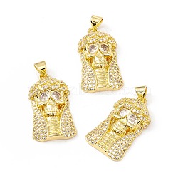 Rack Plating Brass Micro Pave Clear Cubic Zirconia Pendants, Long-Lasting Plated, Cadmium Free & Lead Free, Pharaoh, Real 18K Gold Plated, 27.5x15x7mm, Hole: 4x3.5mm(ZIRC-I058-24G)