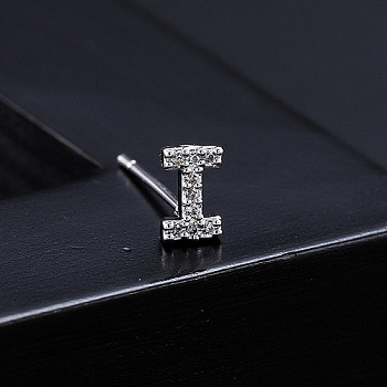 Platinum Brass Micro Pave Cubic Zirconia Stud Earrings, Initial Letter, Letter I, No Size