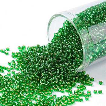 TOHO Round Seed Beads, Japanese Seed Beads, (27B) Silver Lined Grass Green, 15/0, 1.5mm, Hole: 0.7mm, about 3000pcs/bottle, 10g/bottle