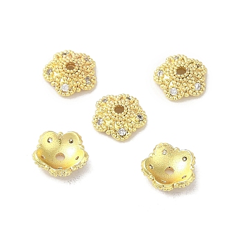 Rack Plating Brass Beads Caps, with Clear Cubic Zirconia, Long-Lasting Plated, Lead Free & Cadmium Free, Flower, Real 18K Gold Plated, 8x8x2.5mm, Hole: 1.2mm