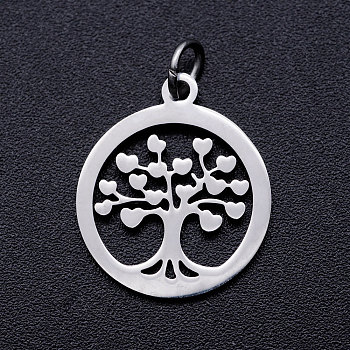 304 Stainless Steel Pendants, with Unsoldered Jump Rings, Flat Round with Tree of Life, Stainless Steel Color, 19x16x1mm, Jump Ring: 5x1mm, 3mm inner diameter.