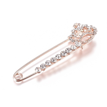 Alloy Rhinestone Safety Brooch, Crown, Crystal, Rose Gold, 80x22mm, Pin: 1.5mm