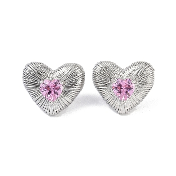 Heart 304 Stainless Steel Pearl Pink Cubic Zirconia Stud Earring for Women, Stainless Steel Color, 19.5x22.5mm