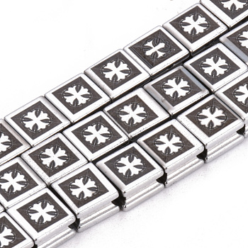 Electroplate Non-magnetic Synthetic Hematite Beads Strands, Square with Cross, Platinum Plated, 8x8x5mm, Hole: 2mm, about 50pcs/strand, 15.7 inch