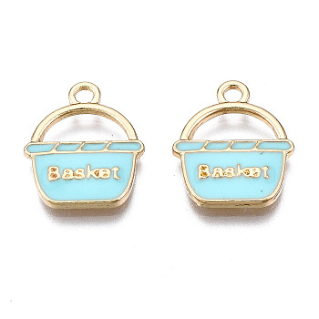 Alloy Pendants, with Enamel, Cadmium Free & Lead Free, Light Gold, Basket with Word, Light Blue, 17x14x2mm, Hole: 2mm