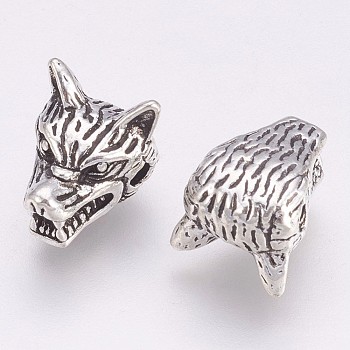 Tibetan Style Alloy Beads, Wolf Head, Antique Silver, 9.5x13mm, Hole: 2mm